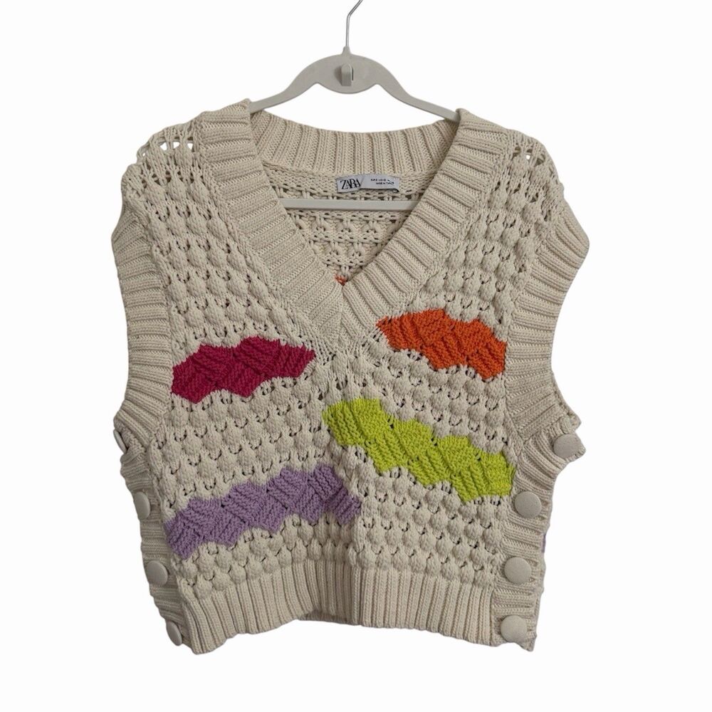 ZARA Sweater Vest Womens Small Cream Crochet Knit Colorblock Button Side Boho